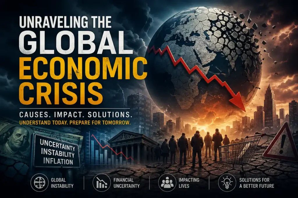 Global economic crisis analysis showing financial instability, market decline, and global uncertainty