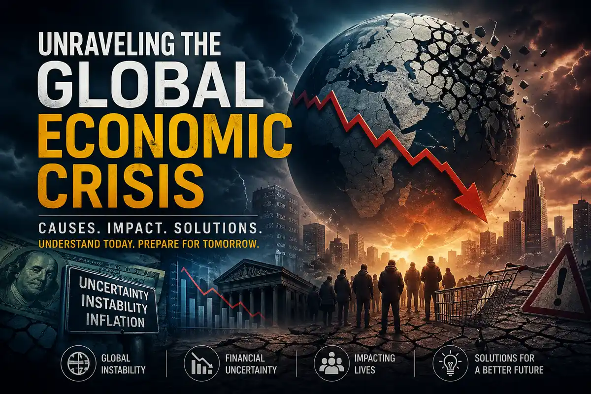 Global economic crisis analysis showing financial instability, market decline, and global uncertainty